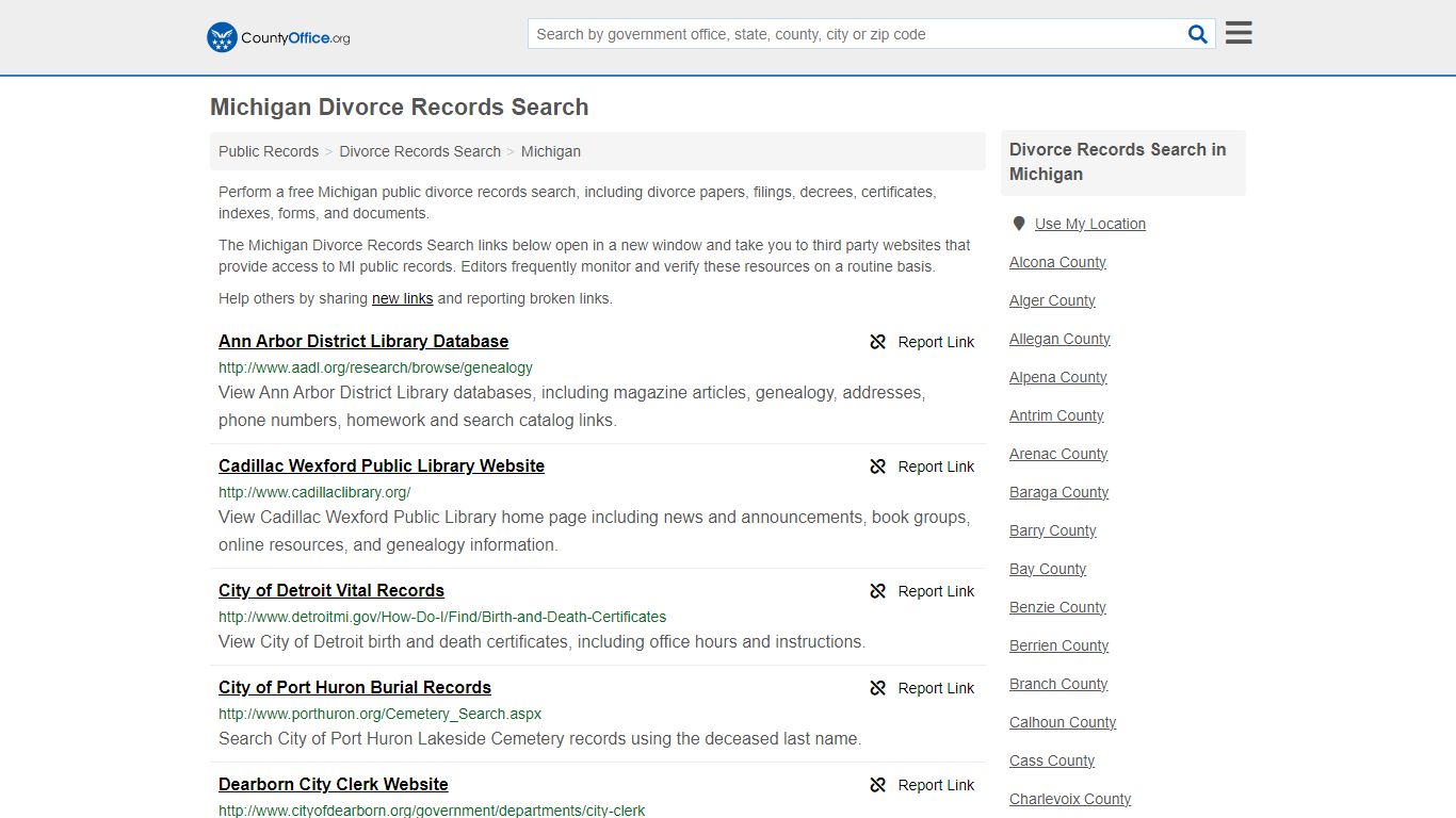 Michigan Divorce Records Search - County Office